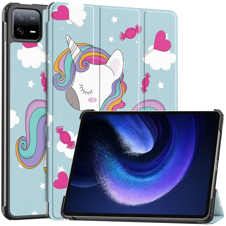 For Xiaomi Pad 6 / 6 Pro Custer Painted 3-Fold Stand Leather Smart Tablet Case(Unicorn) -  by buy2fix | Online Shopping UK | buy2fix