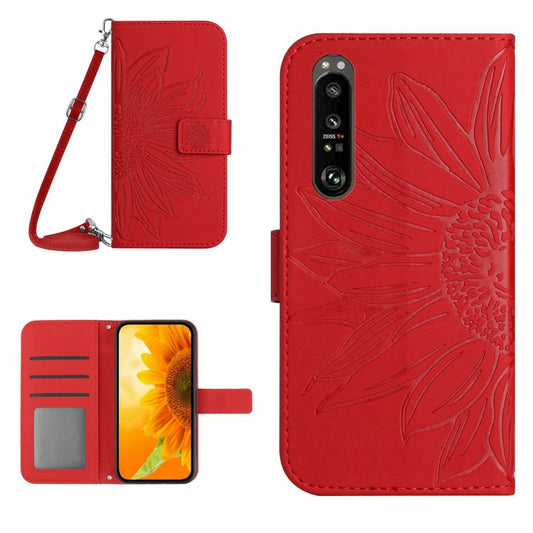For Sony Xperia 1 V HT04 Skin Feel Sun Flower Embossed Flip Leather Phone Case with Lanyard(Red) - Sony Cases by buy2fix | Online Shopping UK | buy2fix