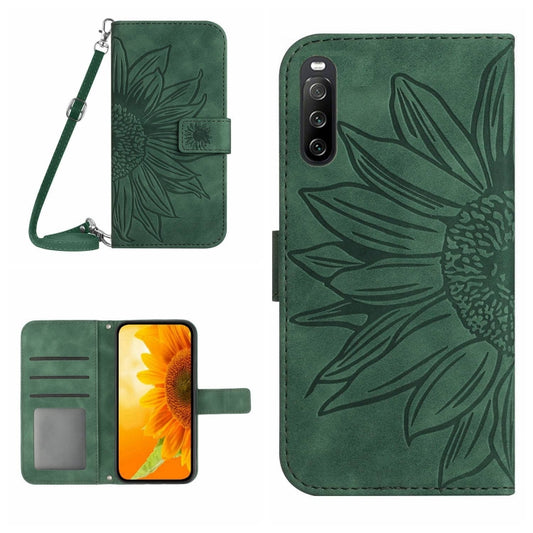 For Sony Xperia 10 V HT04 Skin Feel Sun Flower Embossed Flip Leather Phone Case with Lanyard(Green) - Sony Cases by buy2fix | Online Shopping UK | buy2fix