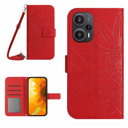 For Xiaomi Poco F5 Skin Feel Sun Flower Embossed Flip Leather Phone Case with Lanyard(Red) - Xiaomi Cases by buy2fix | Online Shopping UK | buy2fix