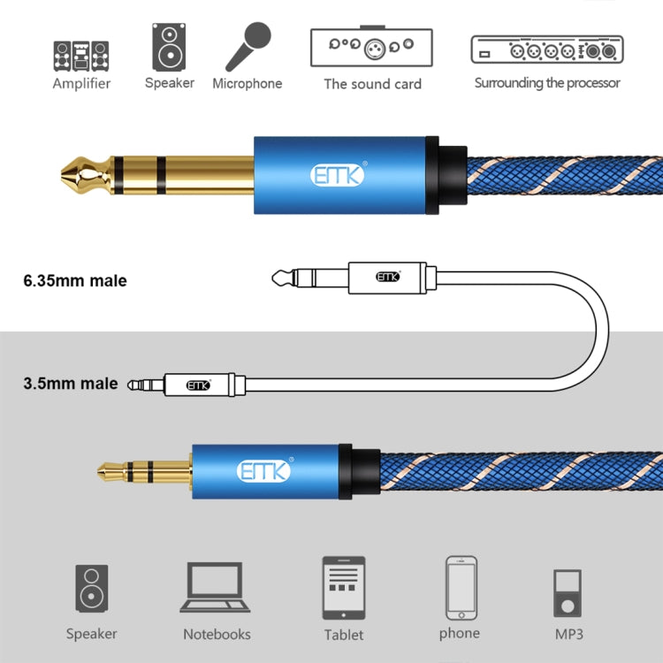 EMK 3.5mm Jack Male to 6.35mm Jack Male Gold Plated Connector Nylon Braid AUX Cable for Computer / X-BOX / PS3 / CD / DVD, Cable Length:1m(Dark Blue) - Audio Optical Cables by EMK | Online Shopping UK | buy2fix