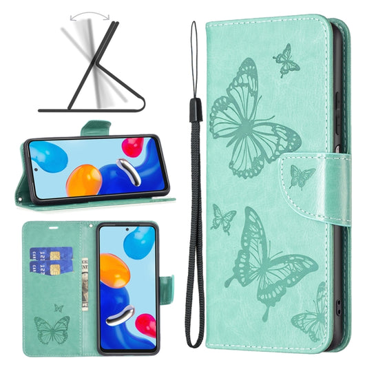 For Xiaomi Redmi Note 12S 4G / Note 11 Two Butterflies Embossing Leather Phone Case(Green) - Xiaomi Cases by buy2fix | Online Shopping UK | buy2fix