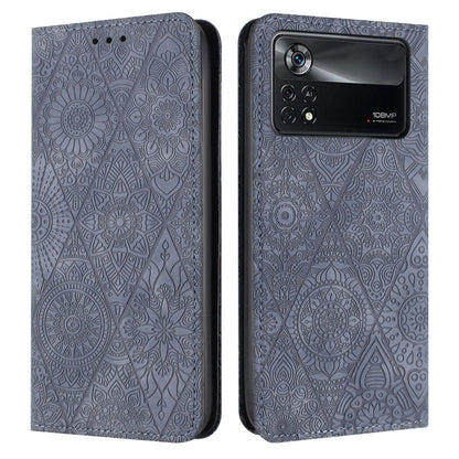 For Xiaomi Poco X4 Pro 5G Ethnic Embossed Adsorption Leather Phone Case(Grey) - Poco X4 Pro 5G Cases by buy2fix | Online Shopping UK | buy2fix