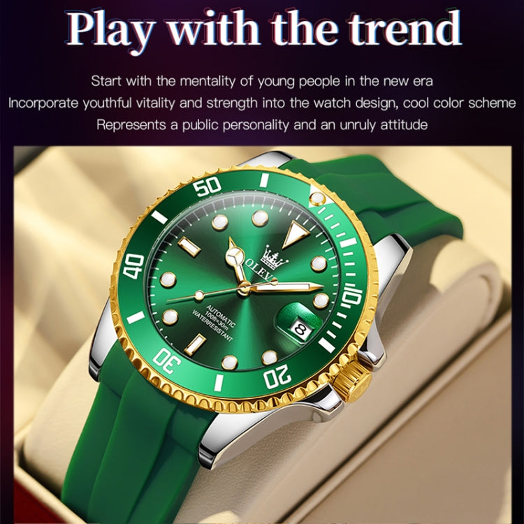 OLEVS 6650 Men Luminous Waterproof Silicone Strap Mechanical Watch(Green + Gold) - Silicone Strap Watches by OLEVS | Online Shopping UK | buy2fix