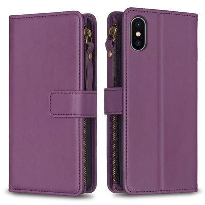 For iPhone XS / X 9 Card Slots Zipper Wallet Leather Flip Phone Case(Dark Purple) - More iPhone Cases by buy2fix | Online Shopping UK | buy2fix