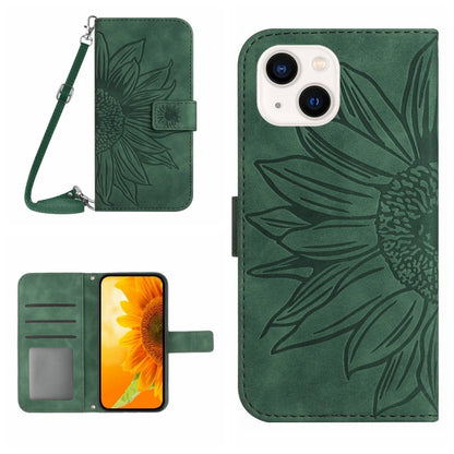 For iPhone 15 Skin Feel Sun Flower Embossed Flip Leather Phone Case with Lanyard(Green) - iPhone 15 Cases by buy2fix | Online Shopping UK | buy2fix