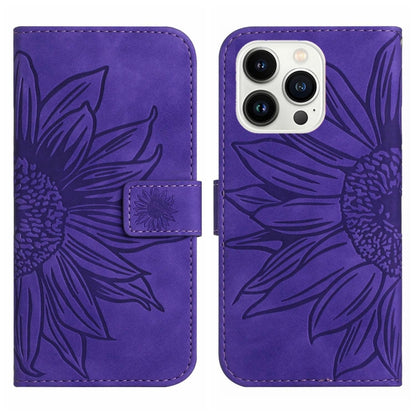 For iPhone 15 Pro Skin Feel Sun Flower Embossed Flip Leather Phone Case with Lanyard(Dark Purple) - iPhone 15 Pro Cases by buy2fix | Online Shopping UK | buy2fix