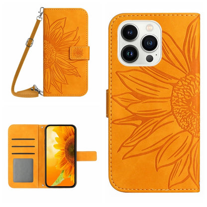For iPhone 15 Pro Max Skin Feel Sun Flower Embossed Flip Leather Phone Case with Lanyard(Yellow) - iPhone 15 Pro Max Cases by buy2fix | Online Shopping UK | buy2fix