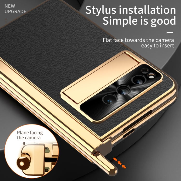 For Google Pixel Fold Litchi Pattern Electroplating Pen Slot Double Hinge Folding Phone Case with Stylus(Black) - Google Cases by buy2fix | Online Shopping UK | buy2fix