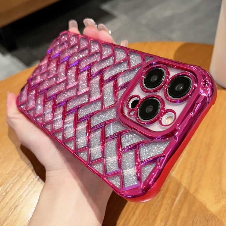 For iPhone 11 Woven Grid 3D Electroplating Laser Engraving Glitter Paper Phone Case(Rose Red) - iPhone 11 Cases by buy2fix | Online Shopping UK | buy2fix