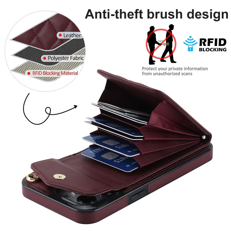 For iPhone 15 Pro Max Rhombic Texture Card Bag Phone Case with Long Lanyard(Wine Red) - iPhone 15 Pro Max Cases by buy2fix | Online Shopping UK | buy2fix