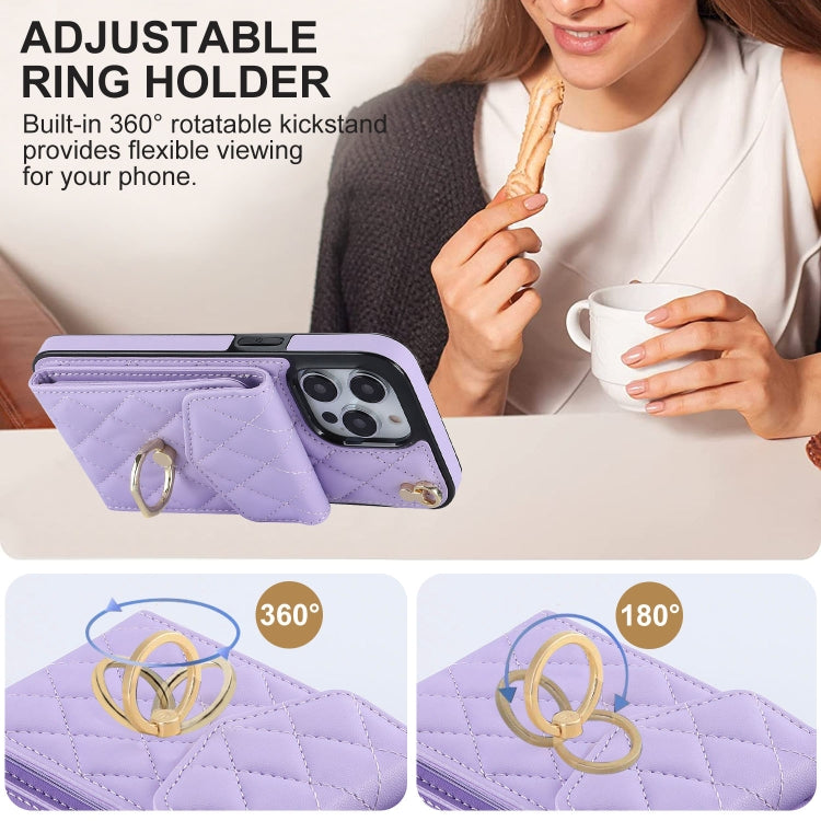 For iPhone 15 Pro Max Rhombic Texture Card Bag Phone Case with Long Lanyard(Light Purple) - iPhone 15 Pro Max Cases by buy2fix | Online Shopping UK | buy2fix