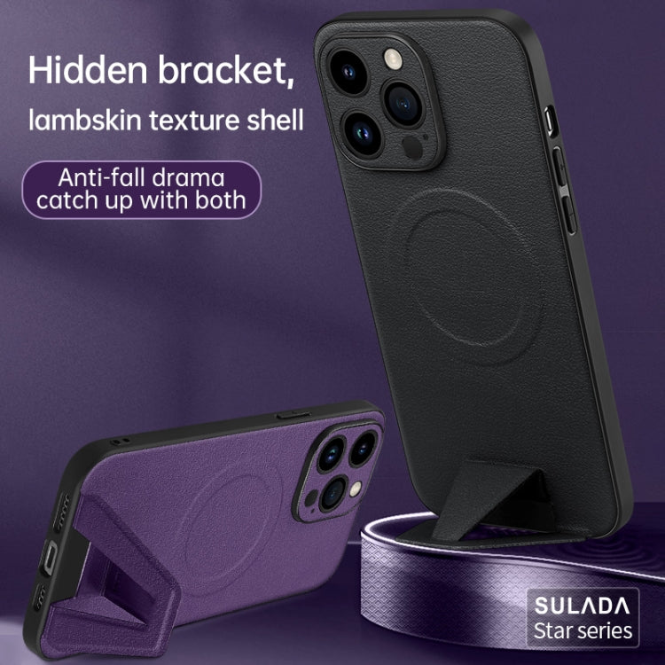 For iPhone 14 Plus SULADA Folding Holder Lambskin Texture MagSafe Phone Case(Purple) - iPhone 14 Plus Cases by SULADA | Online Shopping UK | buy2fix