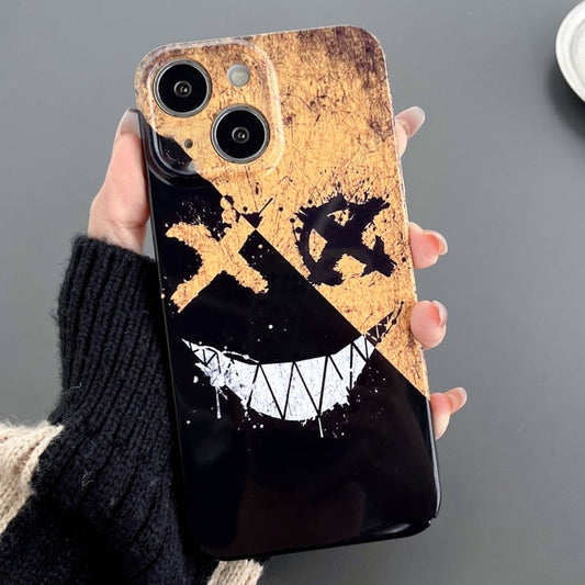 For iPhone 14 Plus Painted Pattern Precise Hole PC Phone Case(Black Yellow Smiling) - iPhone 14 Plus Cases by buy2fix | Online Shopping UK | buy2fix