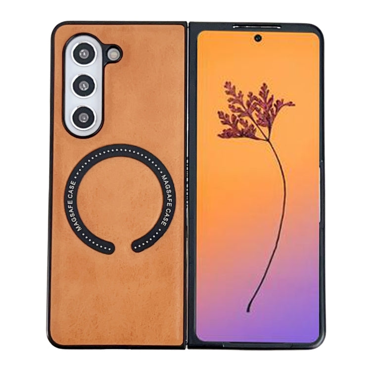 For Samsung Galaxy Z Fold5 Crazy Horse Texture Magnetic Magsafe PU Phone Case(Orange) - Galaxy Z Fold5 Cases by buy2fix | Online Shopping UK | buy2fix