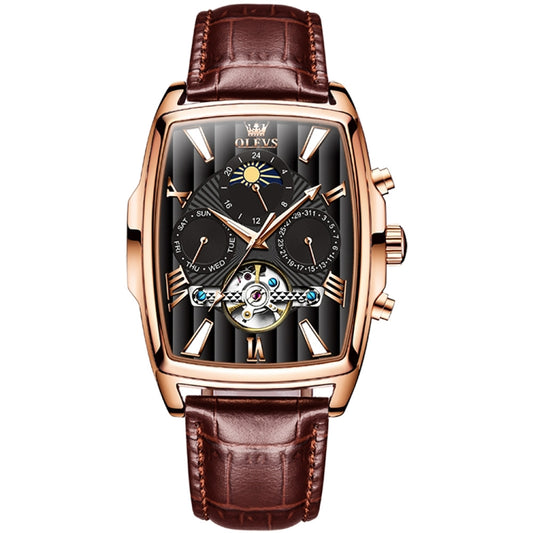 OLEVS 6675 Men Multifunctional Moon Phase Tourbillon Mechanical Watch(Black + Rose Gold) - Leather Strap Watches by OLEVS | Online Shopping UK | buy2fix
