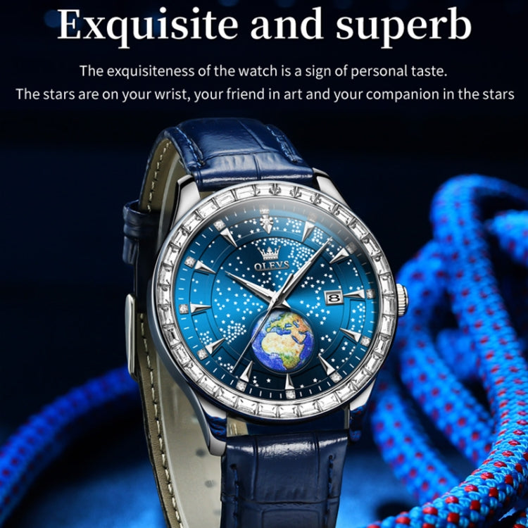 OLEVS 9967 Men Starry Sky Face Diamond Bezel Quartz Watch(Blue Leather Strap) - Leather Strap Watches by OLEVS | Online Shopping UK | buy2fix