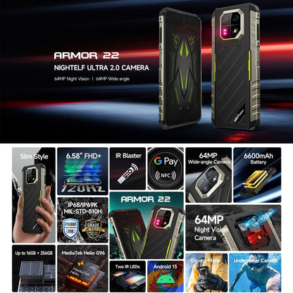 Ulefone Armor 22, 8GB+128GB, IP68/IP69K Rugged Phone, 6.58 inch Android 13 MediaTek Helio G96 Octa Core, Network: 4G, NFC, OTG(Some Green) - Ulefone by Ulefone | Online Shopping UK | buy2fix