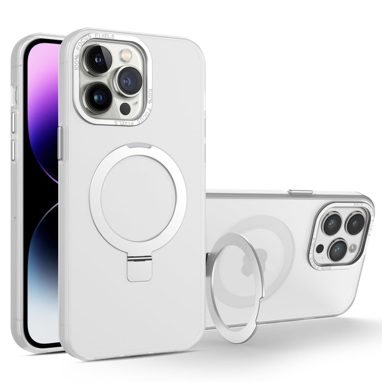 For iPhone 14 Pro MagSafe Metal Holder Frosted Translucent Phone Case(White) - iPhone 14 Pro Cases by buy2fix | Online Shopping UK | buy2fix