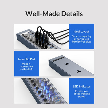 ORICO AT2U3-16AB-GY-BP 16 Ports USB 3.0 HUB with Individual Switches & Blue LED Indicator(EU Plug) - USB 3.0 HUB by ORICO | Online Shopping UK | buy2fix