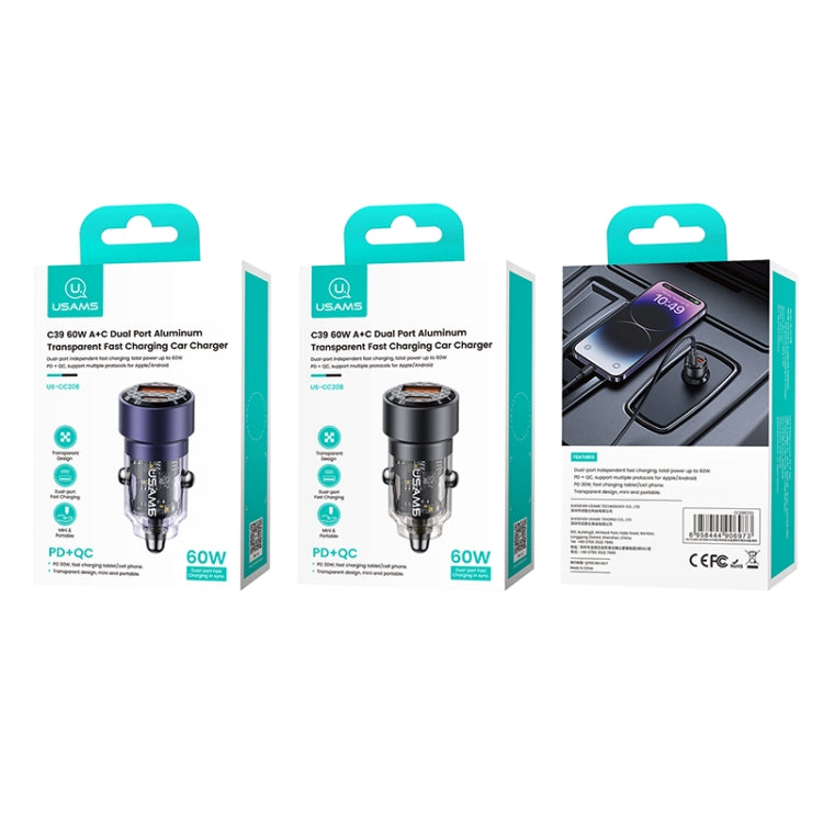 USAMS US-CC208 C39 60W USB + Type-C Dual Port Fast Charging Aluminum Alloy Transparent Car Charger(Purple) - Car Charger by USAMS | Online Shopping UK | buy2fix