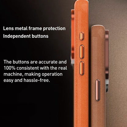 For iPhone 15 Plus Metal Lens Frame Leather Magsafe Full Coverage Shockproof Phone Case(Orange) - iPhone 15 Plus Cases by buy2fix | Online Shopping UK | buy2fix