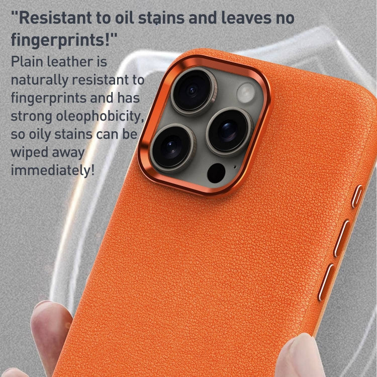 For iPhone 15 Metal Lens Frame Leather Magsafe Full Coverage Shockproof Phone Case(Orange) - iPhone 15 Cases by buy2fix | Online Shopping UK | buy2fix