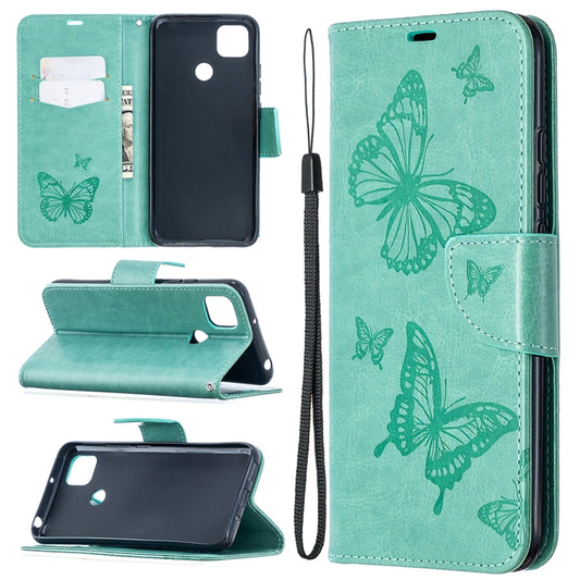 For Xiaomi Redmi 9C Two Butterflies Embossing Pattern Horizontal Flip Leather Case with Holder & Card Slot & Wallet & Lanyard(Green) - Xiaomi Cases by buy2fix | Online Shopping UK | buy2fix