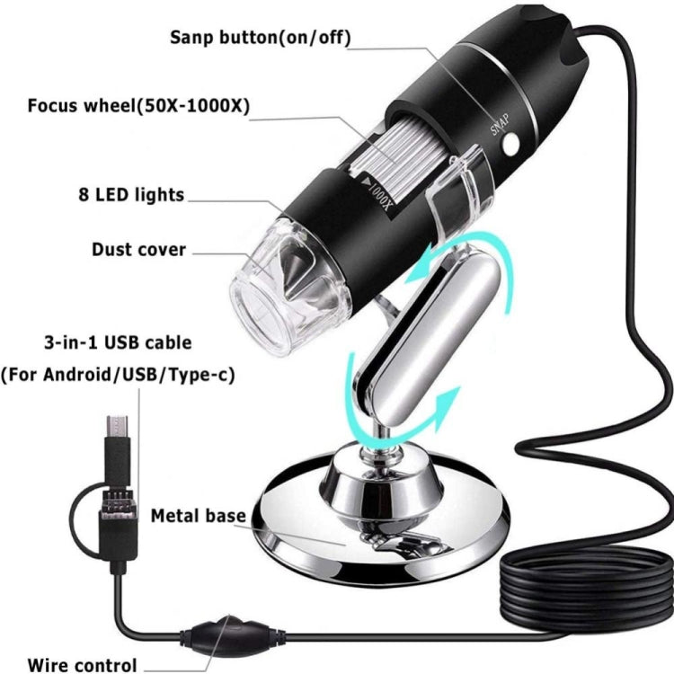 1600X Magnifier HD Image Sensor 3 in 1 USB Digital Microscope with 8 LED & Professional Stand (Grey) - Digital Microscope by buy2fix | Online Shopping UK | buy2fix