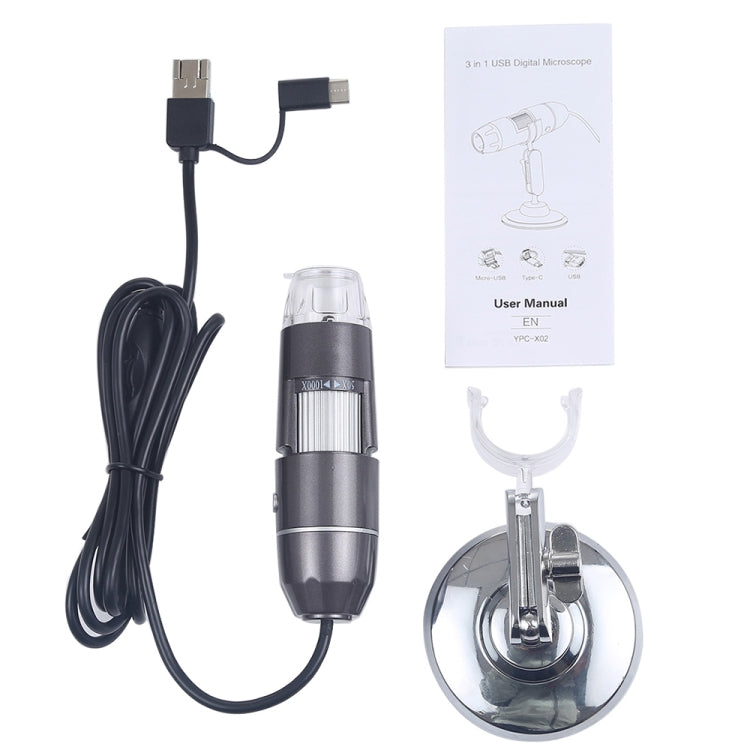 1600X Magnifier HD Image Sensor 3 in 1 USB Digital Microscope with 8 LED & Professional Stand (Grey) - Digital Microscope by buy2fix | Online Shopping UK | buy2fix