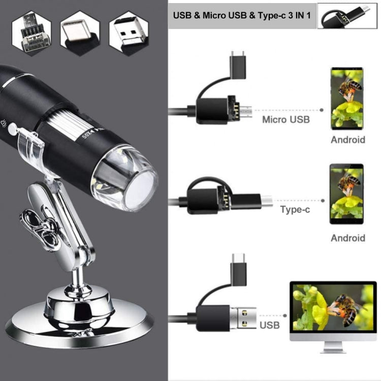 1600X Magnifier HD Image Sensor 3 in 1 USB Digital Microscope with 8 LED & Professional Stand (Grey) - Digital Microscope by buy2fix | Online Shopping UK | buy2fix