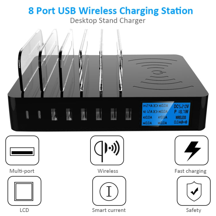 50W 6 USB Ports + 2 USB-C / Type-C Ports + Wireless Charging Multi-function Charger with LED Display & Detachable Bezel, EU Plug - Multifunction Charger by buy2fix | Online Shopping UK | buy2fix