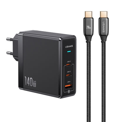 USAMS US-SJ581 T52 3 in 1 140W 3 USB Interfaces GaN Fast Charger Set, EU Plug(Black) -  by USAMS | Online Shopping UK | buy2fix