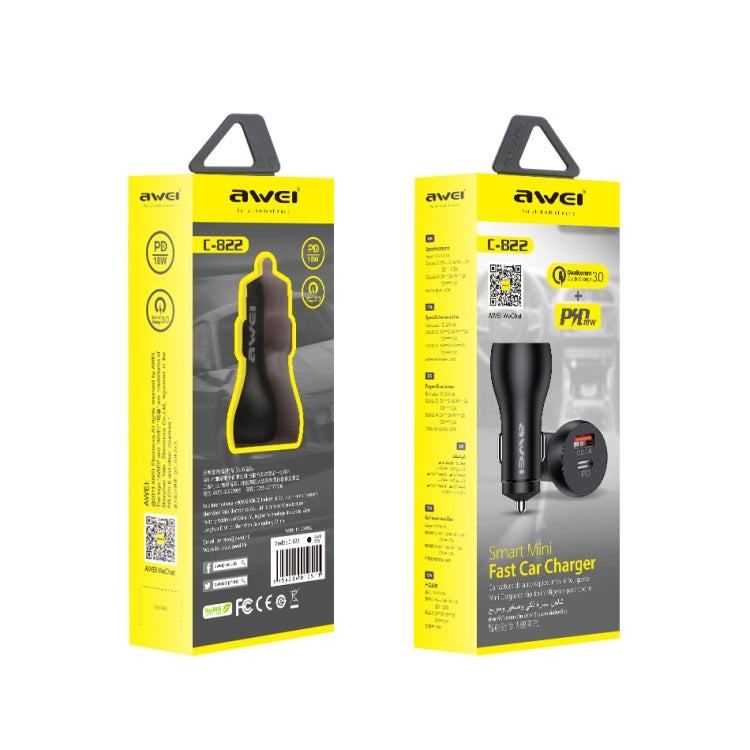 awei C-822 18W PD 8 Pin + 18W QC 3.0 USB Interface Car Charger(Black) - In Car by awei | Online Shopping UK | buy2fix