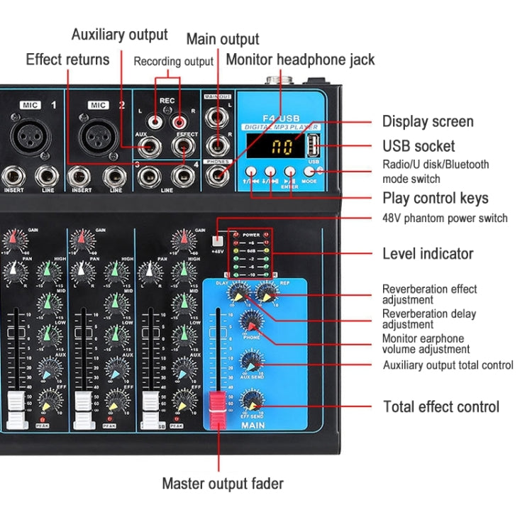 F4 Home 4-channel Bluetooth USB Reverb Mixer, US Plug (Black) - Consumer Electronics by buy2fix | Online Shopping UK | buy2fix