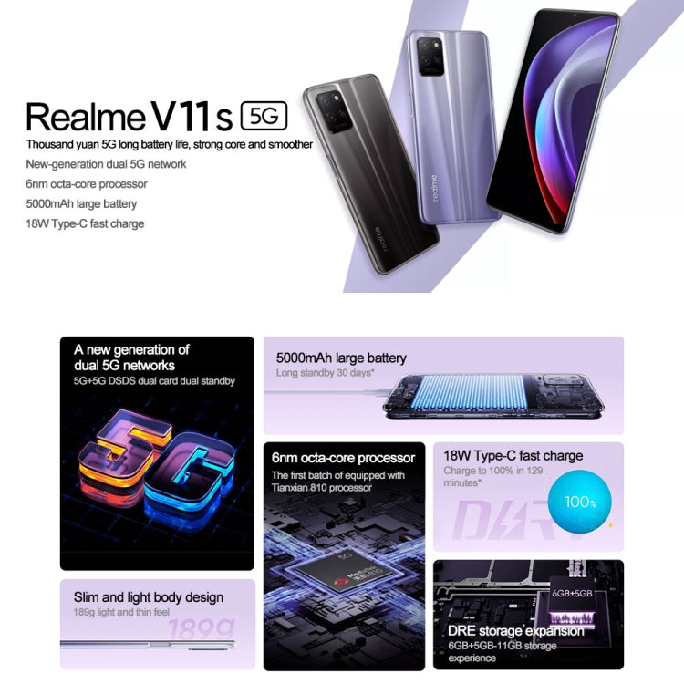 Realme V11s 5G, 4GB+128GB, Dual Back Cameras, Side Fingerprint Identification, 5000mAh Battery, 6.5 inch Realme UI 2.0 / Android 11 MediaTek Dimensity 810 Octa Core up to 2.4GHz, Network: 5G, Support Google Play(Twilight Purple) - OPPO by Realme | Online Shopping UK | buy2fix