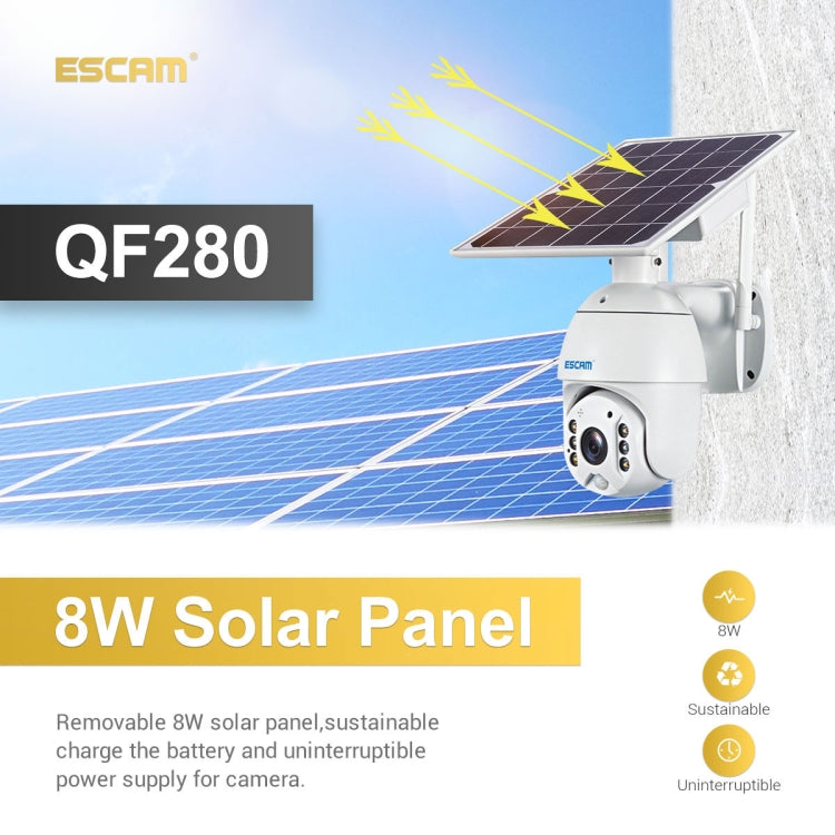 ESCAM QF280 HD 1080P IP66 Waterproof WiFi Solar Panel PT IP Camera without Battery, Support Night Vision / Motion Detection / TF Card / Two Way Audio (White) - Security by ESCAM | Online Shopping UK | buy2fix