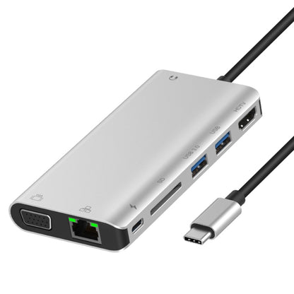 Onten 9591BD 8 in 1 USB-C / Type-C to PD USB-C / Type-C Charging + Gigabit Ethernet + Dual USB 3.0 + HDMI + VGA + SD Card Slot + 3.5mm AUX HUB(Silver) - USB HUB by Onten | Online Shopping UK | buy2fix