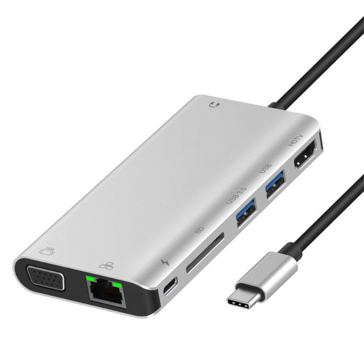 Onten 9591BD 8 in 1 USB-C / Type-C to PD USB-C / Type-C Charging + 100M Ethernet Port + Dual USB 3.0 + HDMI + VGA + SD Card Slot + 3.5mm AUX HUB (Silver) - USB HUB by Onten | Online Shopping UK | buy2fix