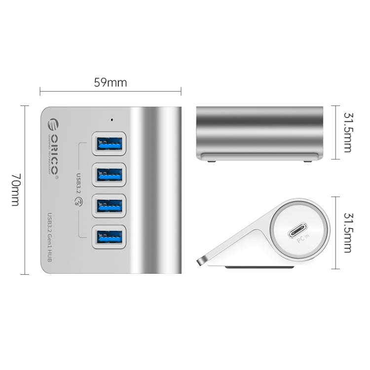 ORICO M3U4 Aluminum Alloy 4-Port USB 3.2 Gen1 5Gbps HUB (Silver) - USB 3.0 HUB by ORICO | Online Shopping UK | buy2fix