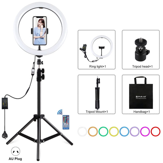 PULUZ 11.8 inch 30cm RGB Light 1.1m Tripod Mount Dimmable LED Ring Vlogging Selfie Photography Video Lights Live Broadcast Kits with Cold Shoe Tripod Ball Head & Phone Clamp(AU Plug) - Ring Light by PULUZ | Online Shopping UK | buy2fix