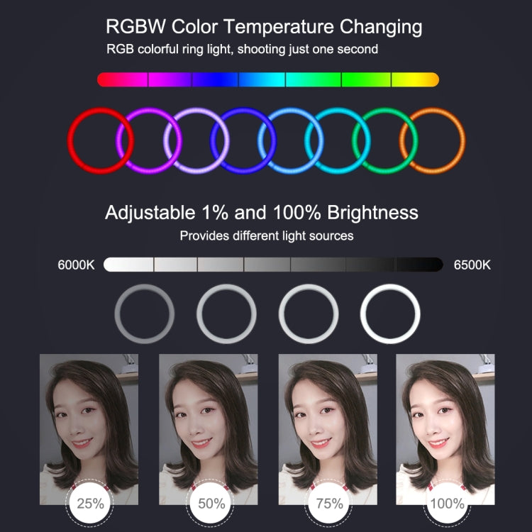 PULUZ 7.9 inch 20cm RGBW Light + Round Base Desktop Mount Dimmable LED Dual Color Temperature LED Curved Light Ring Vlogging Selfie Photography Video Lights with Phone Clamp(Black) - Ring Light by PULUZ | Online Shopping UK | buy2fix