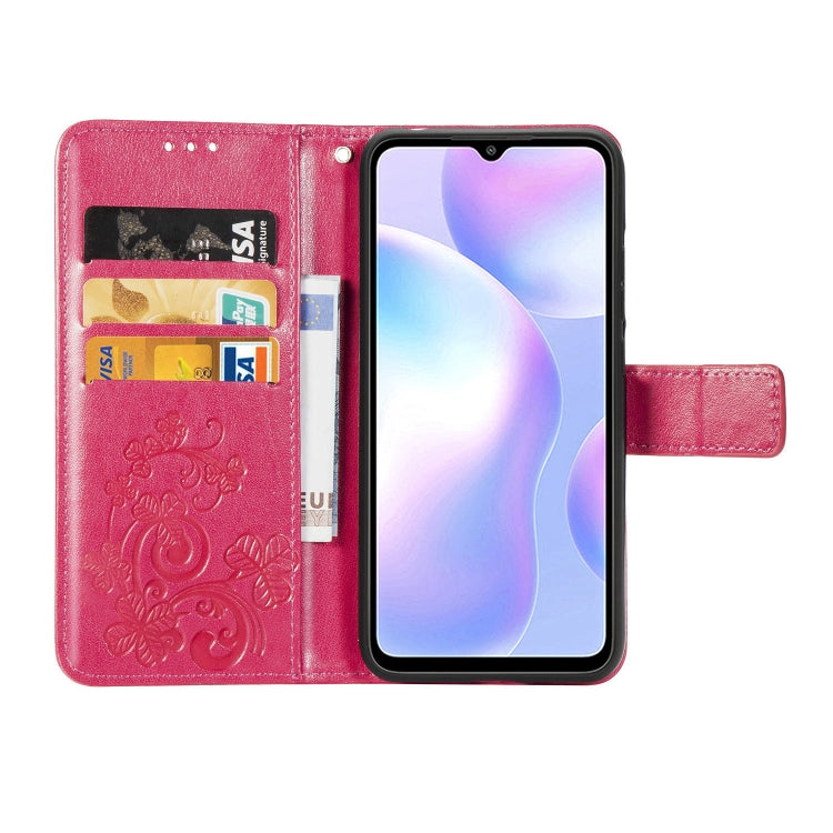 For Xiaomi Redmi 9A Four-leaf Clasp Embossed Buckle Horizontal Flip TPU + PU Leather Case with Lanyard & Card Slot & Wallet & Holder(Magenta) - Xiaomi Cases by buy2fix | Online Shopping UK | buy2fix