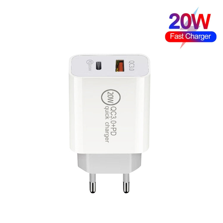 20W PD Type-C + QC 3.0 USB Interface Fast Charging Travel Charger with USB to 8 Pin Fast Charge Data Cable EU Plug - Apple Accessories by buy2fix | Online Shopping UK | buy2fix