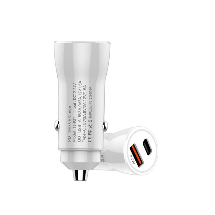 P21 PD 20W USB-C / Type-C + QC3.0 18W USB Fast Car Charger with USB-C / Type-C to 8 Pin Data Cable Set(White) - In Car by buy2fix | Online Shopping UK | buy2fix