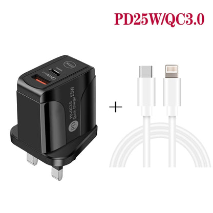 PD25W USB-C / Type-C + QC3.0 USB Dual Ports Fast Charger with USB-C to 8 Pin Data Cable, UK Plug(Black) - Apple Accessories by buy2fix | Online Shopping UK | buy2fix