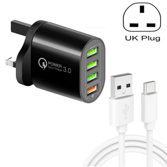 QC-04 QC3.0 + 3 x USB2.0 Multi-ports Charger with 3A USB to Type-C Data Cable, UK Plug(Black) - Mobile Accessories by buy2fix | Online Shopping UK | buy2fix