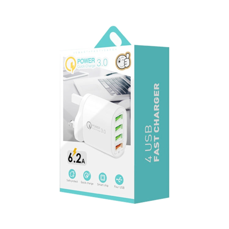 QC-04 QC3.0 + 3 x USB2.0 Multi-ports Charger with 3A USB to Micro USB Data Cable, UK Plug(White) - Mobile Accessories by buy2fix | Online Shopping UK | buy2fix