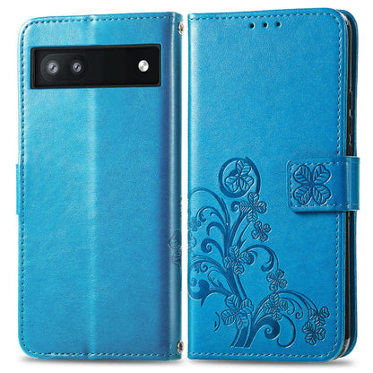 For Google Pixel 6a Four-leaf Clasp Embossed Buckle Leather Phone Case(Blue) - Google Cases by buy2fix | Online Shopping UK | buy2fix