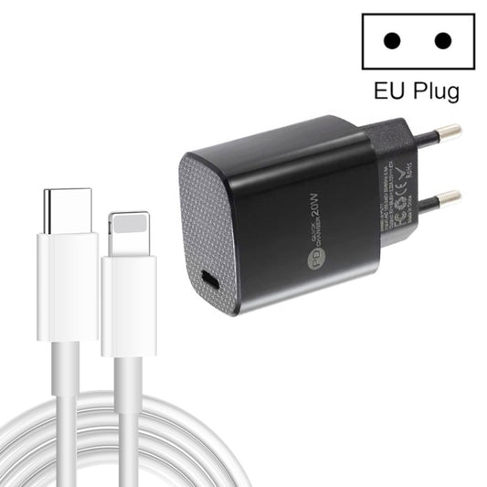 PD11 Single PD3.0 USB-C / Type-C 20W Fast Charger with 1m Type-C to 8 Pin Data Cable, EU Plug(Black) - USB Charger by buy2fix | Online Shopping UK | buy2fix